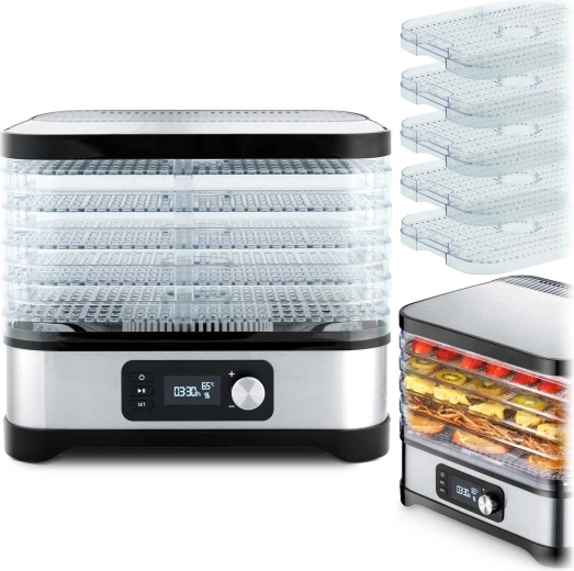 Uscător de alimente Berdsen argintiu, 10 l, 5 tăvi, 35–70 °C