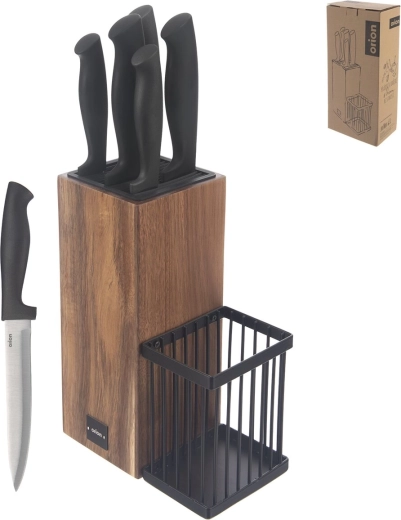 Suport pentru cuțite din lemn de acacia și metal, cu set de cuțite de bucătărie