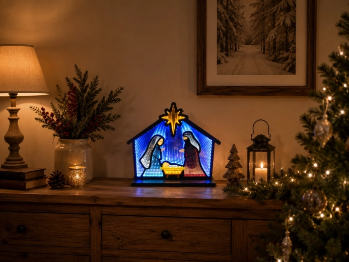 Decorațiune de Crăciun 3D – Iesle cu efect de oglindă infinity LED 33,5 × 8 × 28,7 cm