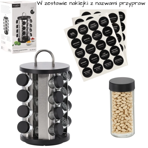 Suport rotativ rotund pentru condimente cu mâner, 16 borcănașe din sticlă, negru‑argintiu, 17,5 × 33 cm