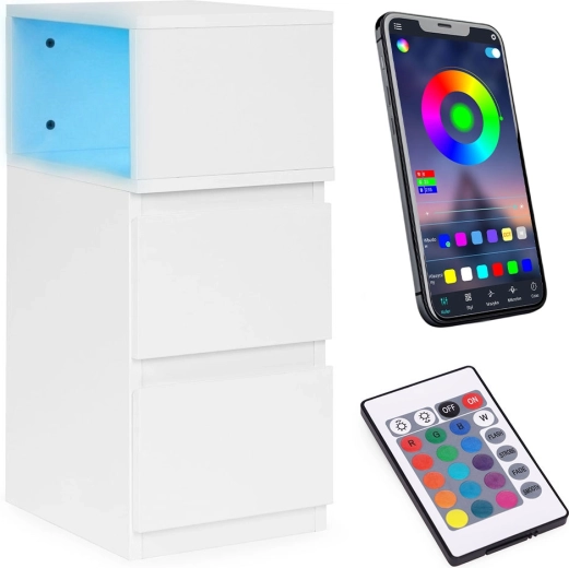 Noptieră cu iluminare LED, 2 sertare, albă, ModernHome