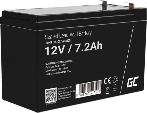 Acumulator reîncărcabil AGM 12 V 7,2 Ah pentru UPS și alarme GREEN CELL