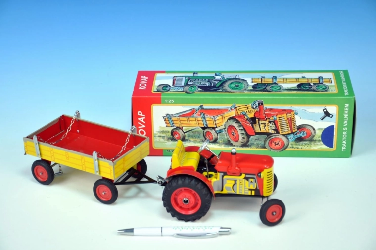 Tractor Zetor cu remorcă, cu cheiță, metal 28 cm KOVAP – Roșu