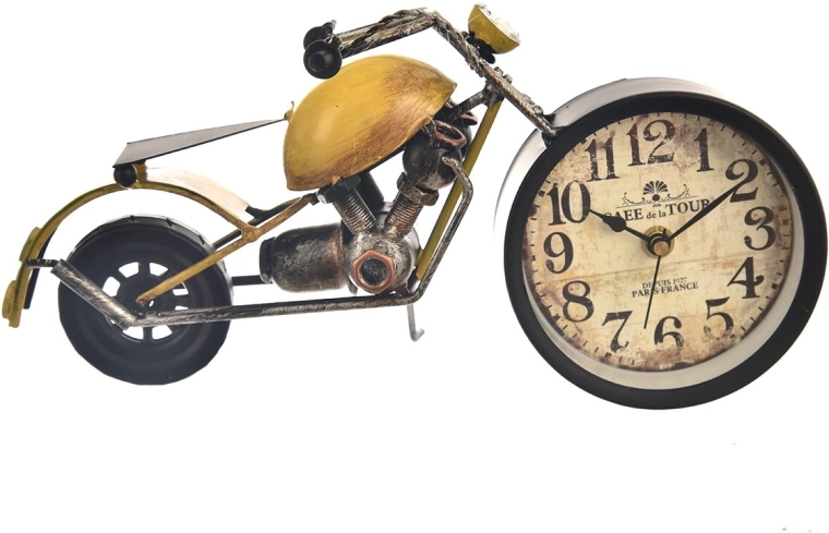 Ceas de masă metalic în formă de motocicletă