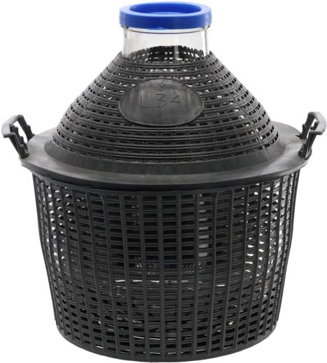 Damigeană de sticlă 34 l cu gât larg în coș de plastic