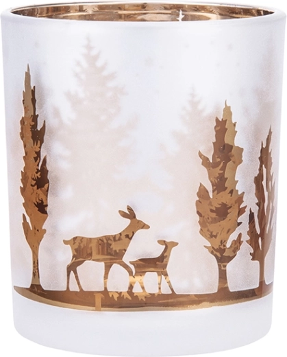 Suport de lumânare din sticlă cu efect înghețat, interior auriu-maro 7 × 8 cm, decor pădure