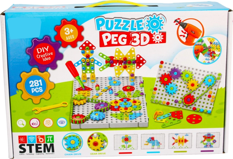 Set creativ de construcție 3D cu bormașină pentru copii Puzzle Peg (281 piese)