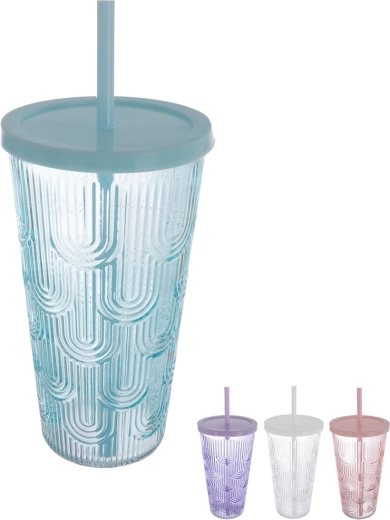 Pahar cu capac din plastic și pai 0,48 l – mix de culori
