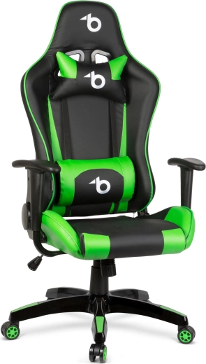 Scaun de gaming verde cu pernă lombară și pentru gât