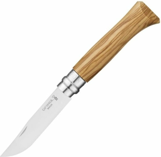 Opinel N°08 Inox cuțit de buzunar 8,5 cm, lemn de măslin, toc din piele, cutie din lemn