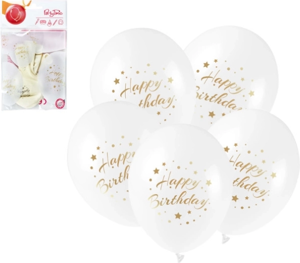 Baloane din latex Happy Birthday cu imprimeu auriu, 28 cm, 5 buc.