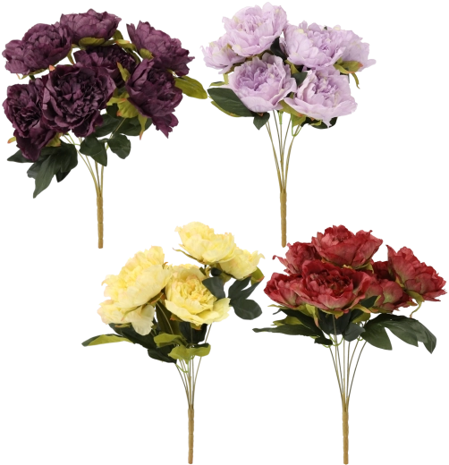 Crenguță artificială – buchet cu 7 bujori, 44 cm, mix de culori