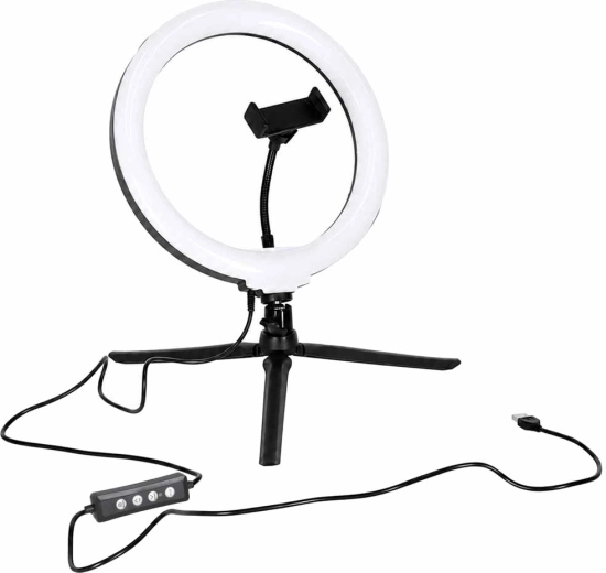 Lampă selfie circulară LED RGB pe trepied, cu suport pentru telefon și telecomandă Bluetooth