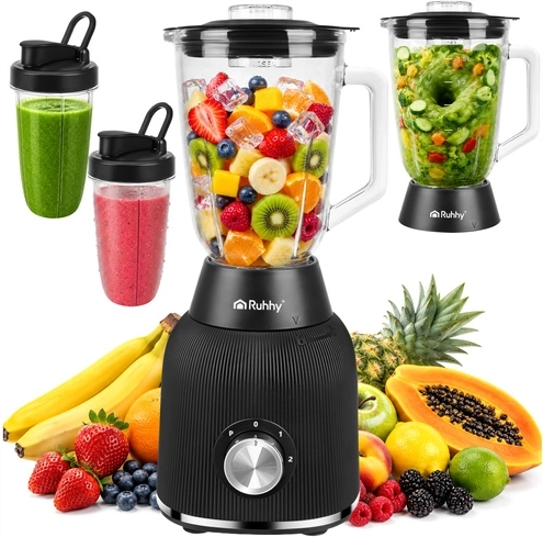 Blender de masă pentru smoothie Ruhhy 1200 W cu cană din sticlă și 2 sticle de călătorie
