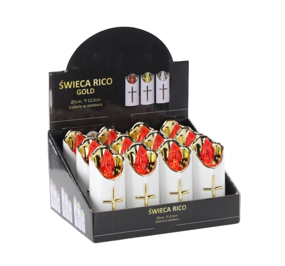 Lumânare LED Rico 12,5 cm albă și aurie cu flacără roșie