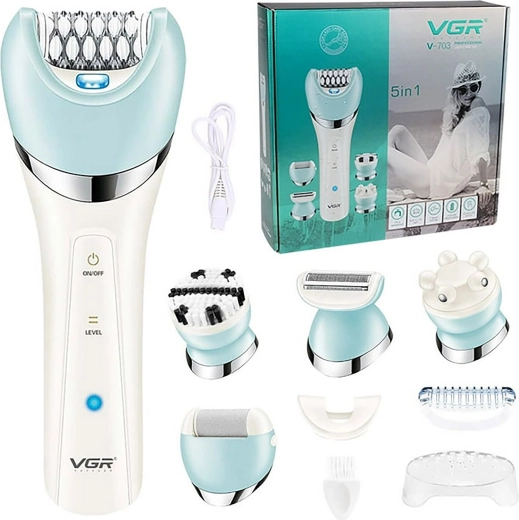 Epilator și aparat de ras pentru femei 5 în 1 cu capete interschimbabile, rezistent la apă, USB
