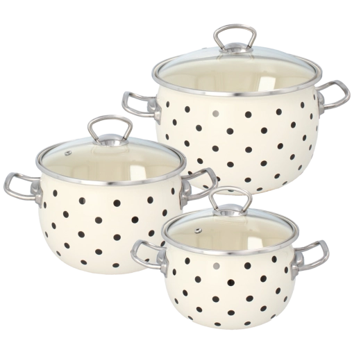 Set de 3 oale emailate cu capace, buline albe, 2,5 l, 3,5 l, 5 l