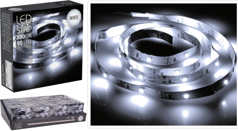 Bandă LED 3 m cu alb rece, 90 LED pe baterii