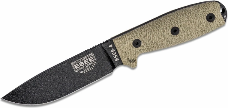 Cuțit de supraviețuire ESEE Model 4, 11,4 cm, negru, Micarta verde, teacă din plastic