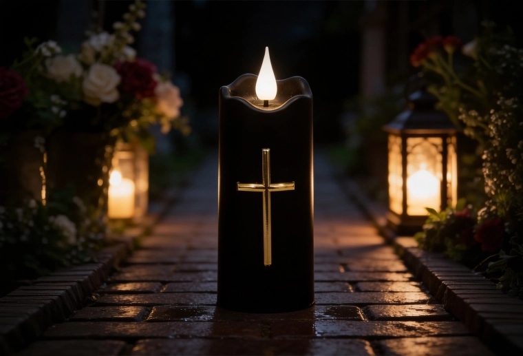 Lumânare LED 5 × 13 cm neagră cu cruce aurie