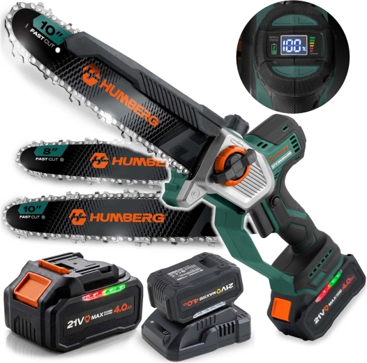 Fierăstrău cu lanț pe acumulator Humberg HM-437 21 V 4,0 Ah cu șină de 10" și 8"