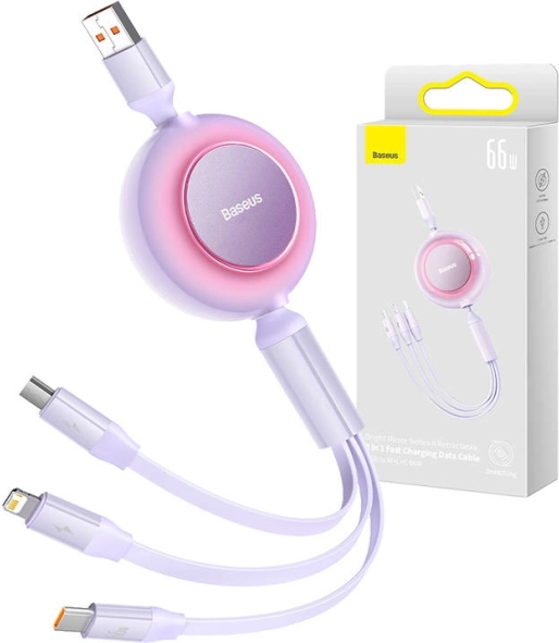 Baseus Bright Mirror 3 cablu USB 3‑în‑1 pentru micro USB, USB‑C și Lightning 66W 1,1 m – Violet