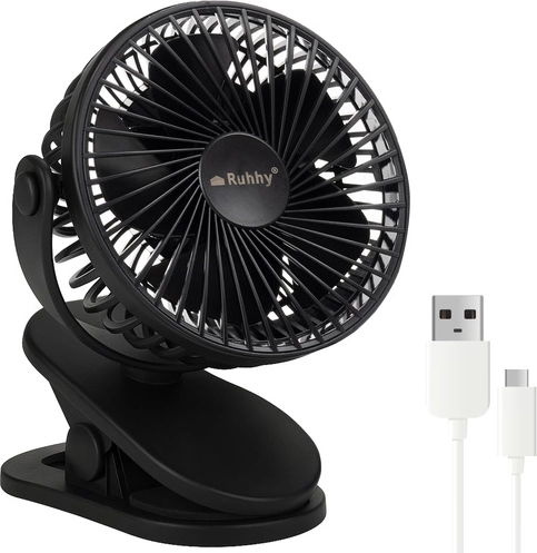 Ventilator de birou fără fir cu clemă Ruhhy, negru, USB‑C 1200 mAh