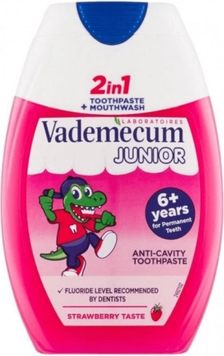 Vademecum Junior 2în1 pastă de dinți pentru copii cu gust de căpșuni și apă de gură 75 ml