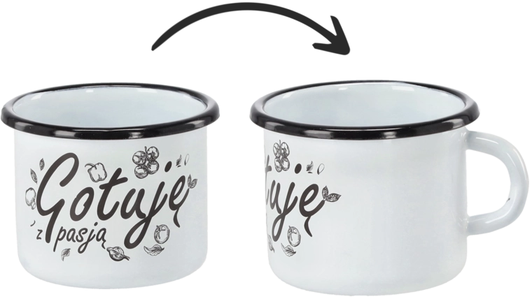 Cană emailată 0,5 l albă cu inscripția Gotuję z pasją