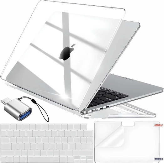 Renew Force husă de protecție transparentă pentru MacBook Air 13,6" (M2 2022 / M3 2024 / M4 2025) cu husă pentru tastatură, folie pentru ecran și adaptor USB‑C la USB 3.0 - 1 bucată