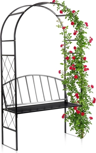 Pergolă metalică de grădină cu bancă, neagră, 115 × 50 × 210 cm