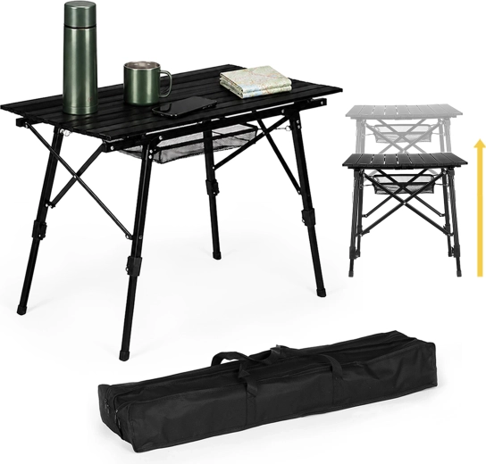 Masă de camping pliabilă MultiGarden 90 × 50 cm, cu înălțime reglabilă, neagră