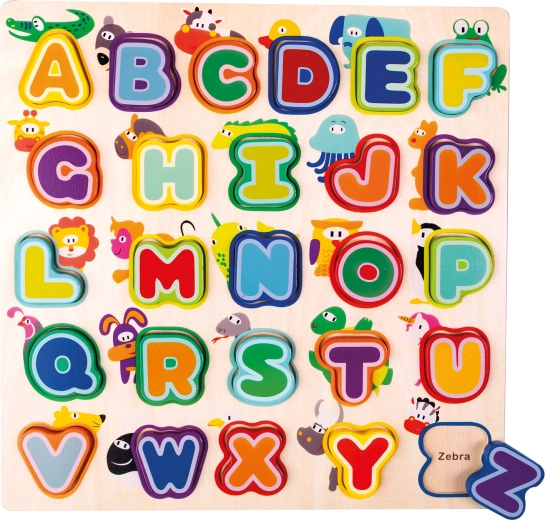 BINO puzzle din lemn cu alfabetul englezesc și animăluțe