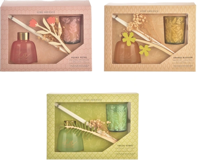 Set cadou: difuzor de aromă cu bețișoare și lumânare parfumată – 3 variante