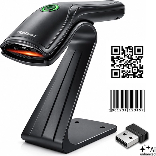Cititor wireless de coduri de bare Qoltec 1D și 2D cu suport