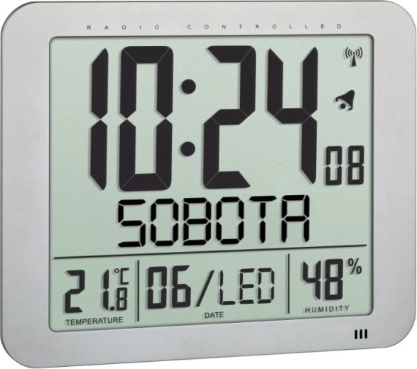 TFA ceas digital controlat radio, pentru a fi așezat sau agățat, argintiu