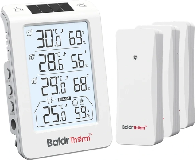 Baldrtherm termohigrometru cu trei canale, cu iluminare automată