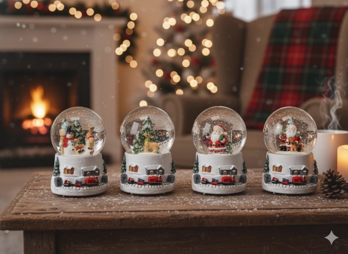 Glob de zăpadă de Crăciun – sania LUI MOȘ CRĂCIUN, alb, mix de motive 4,5 × 4,5 × 6,5 cm