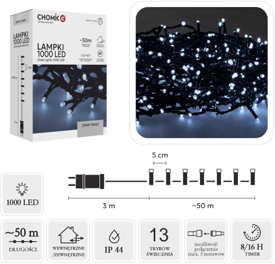Lanț luminos LED de Crăciun 1000 LED, alb rece, 53 m (50 m + 3 m)