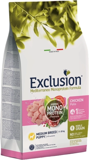 Exclusion Puppy Medium granule pentru căței de rase medii – pui, 3 kg