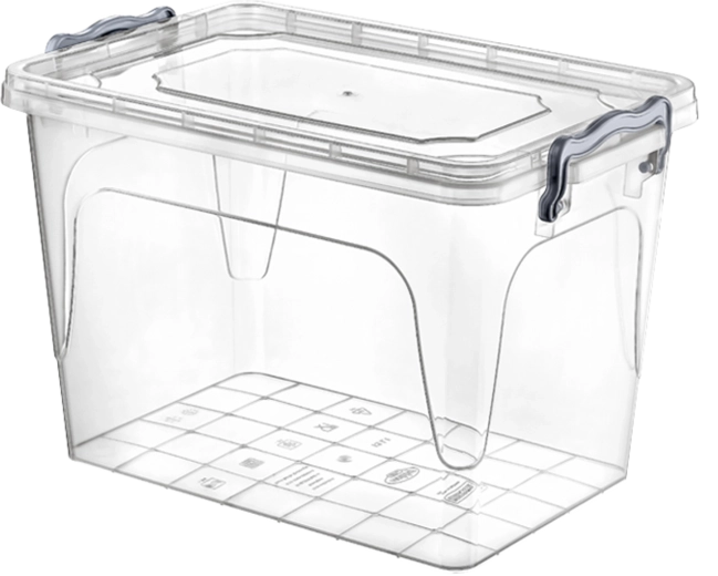 Cutie de depozitare din plastic 21 l cu capac cu cleme, transparentă