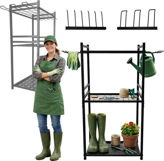 Suport metalic pentru unelte de grădină cu cârlige și rafturi LUARO
