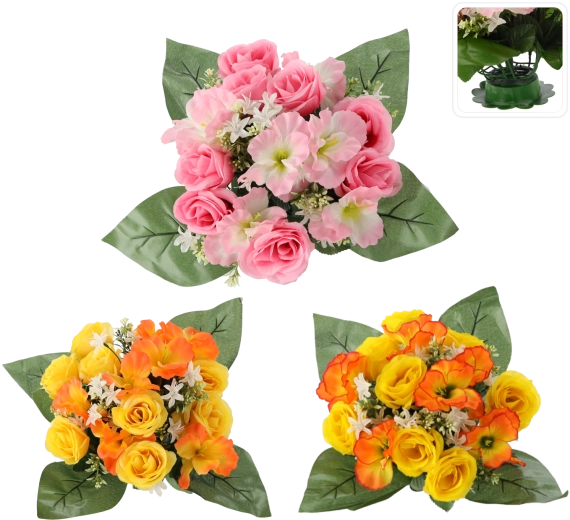 Buchet artificial trandafiri și hibiscus, mix de culori, 25 × 28 × 28 cm