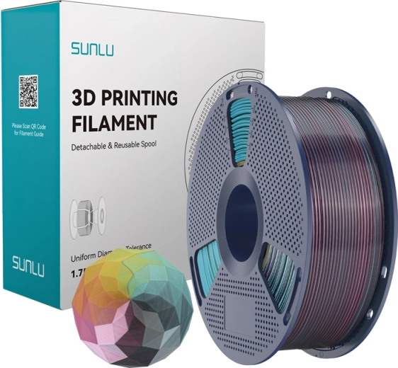 Filament Sunlu PLA+ Silk în patru culori roșu–galben–verde–negru
