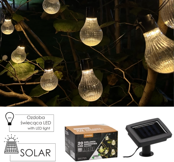 Ghirlandă solară de grădină Stripes, 20 LED, alb cald, 5,8 m