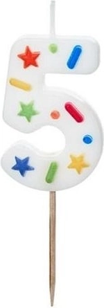 Lumânare aniversară cifra 5, albă cu confetti, 5,5 cm