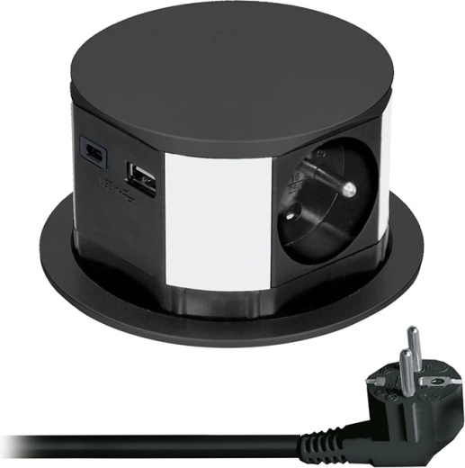 Bloc de prize Solight retractabil cu 3 prize și încărcare USB, negru