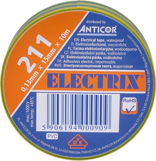 Bandă izolatoare electrică Solight 15 mm × 0,13 mm × 10 m, galben-verde