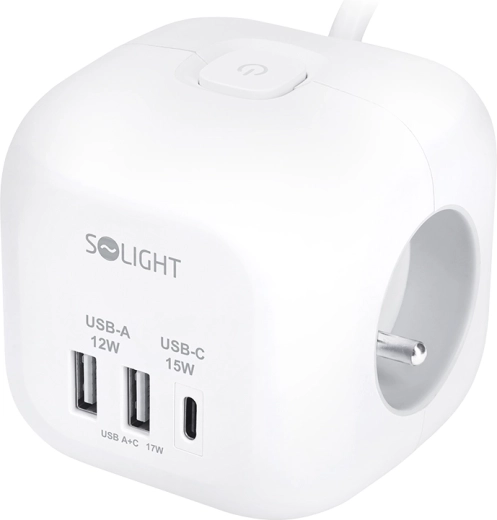 Prelungitor Solight în formă de cub, 3 prize + USB-A și USB-C, cablu de 2 m, alb