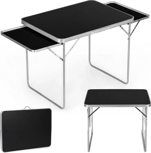 Masă de camping pliabilă MultiGarden 120 × 60 cm cu 2 rafturi laterale, negru